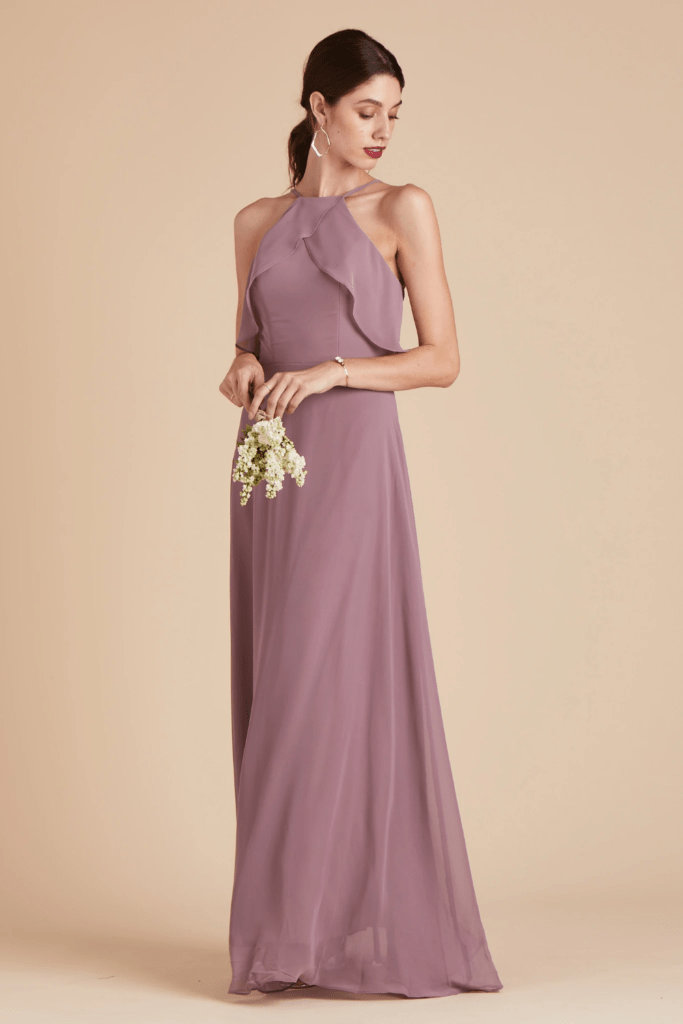 mauve shade and graceful halter neckline, this Birdy Grey gown