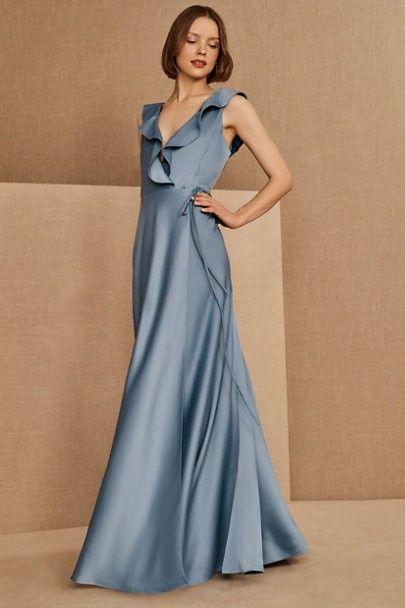 slate blue dress from BHLDN that possesses a ruffled neckline