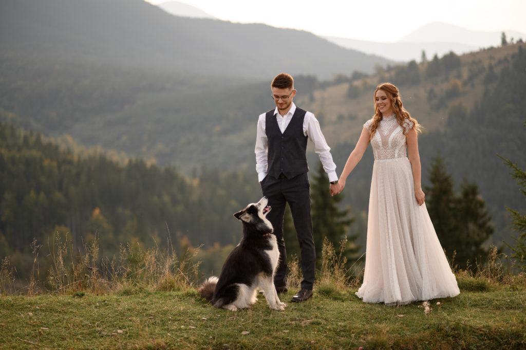 wedding couple with dog walking in mountains at sunset. romantic evening in mountains.
